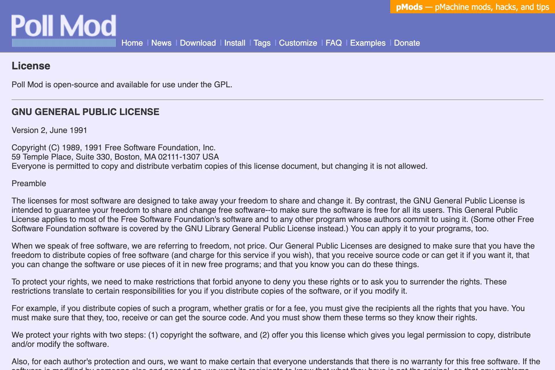 Poll Mod’s License page, with the text of the GNU General Public License