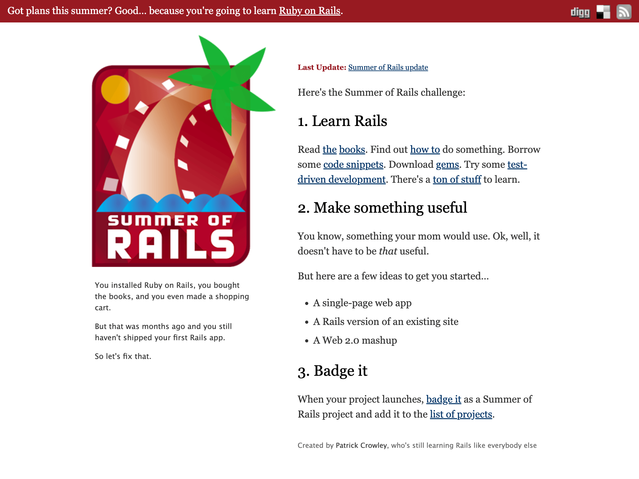 The Summer of Rails home page, with a palm-tree logo and the three steps of the challenge