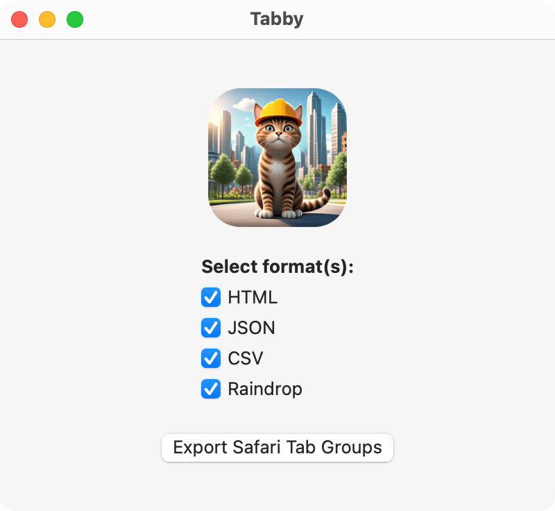 The Tabby window, with checkboxes for HTML, JSON, CSV, and Raindrop and an Export button