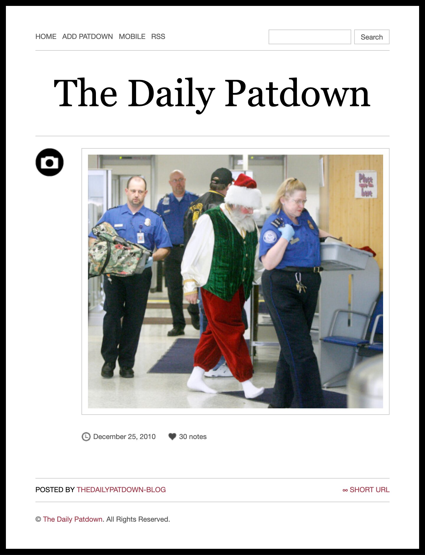 A Daily Patdown post, with a photo of Santa Claus walking through airport security beside TSA agents