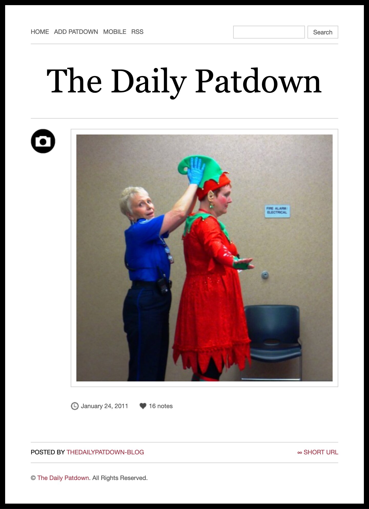 A Daily Patdown post, with a photo of a TSA agent patting down a woman dressed as an elf