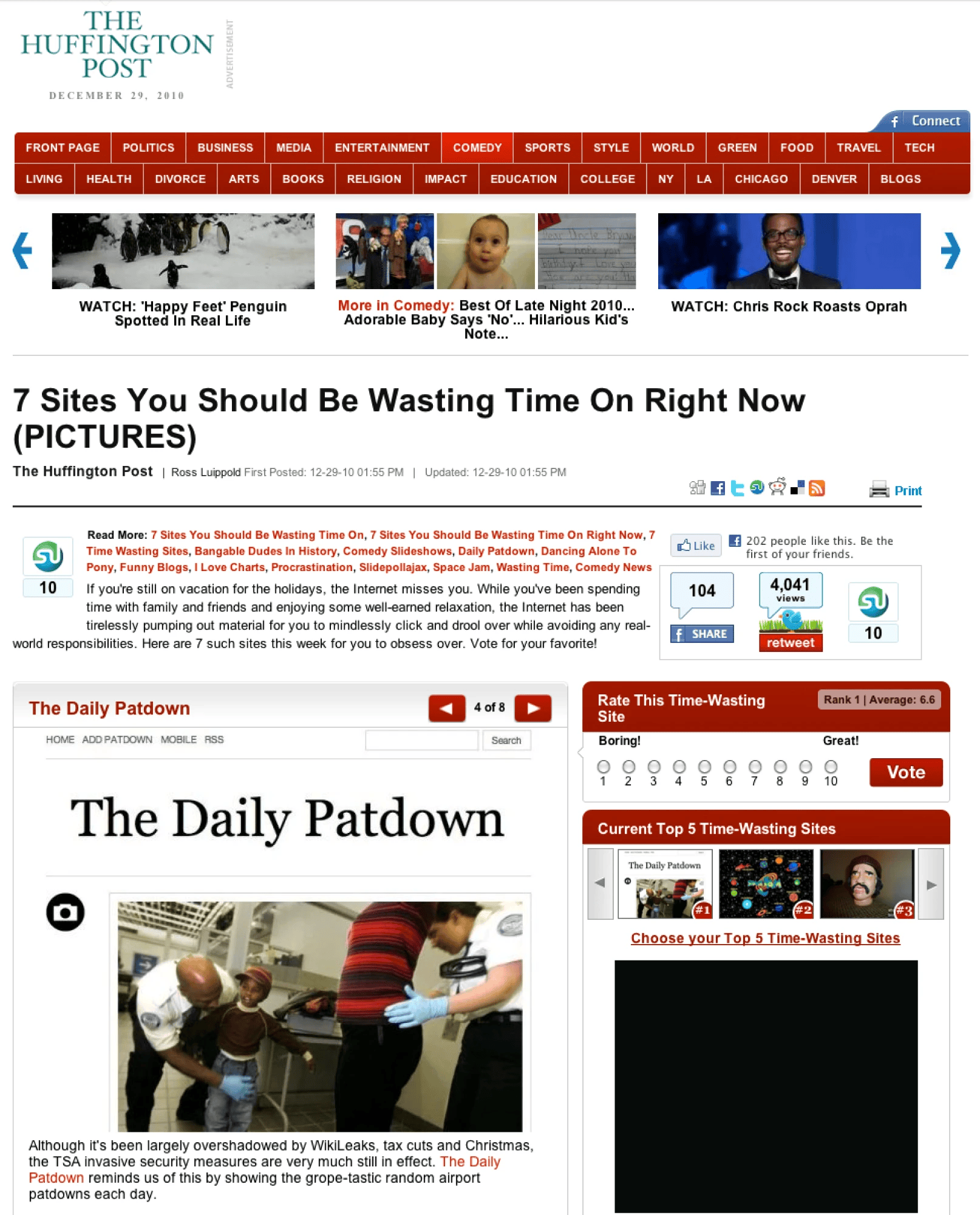 HuffPost Comedy’s slideshow “7 Sites You Should Be Wasting Time On Right Now,” featuring The Daily Patdown, ranked first by readers