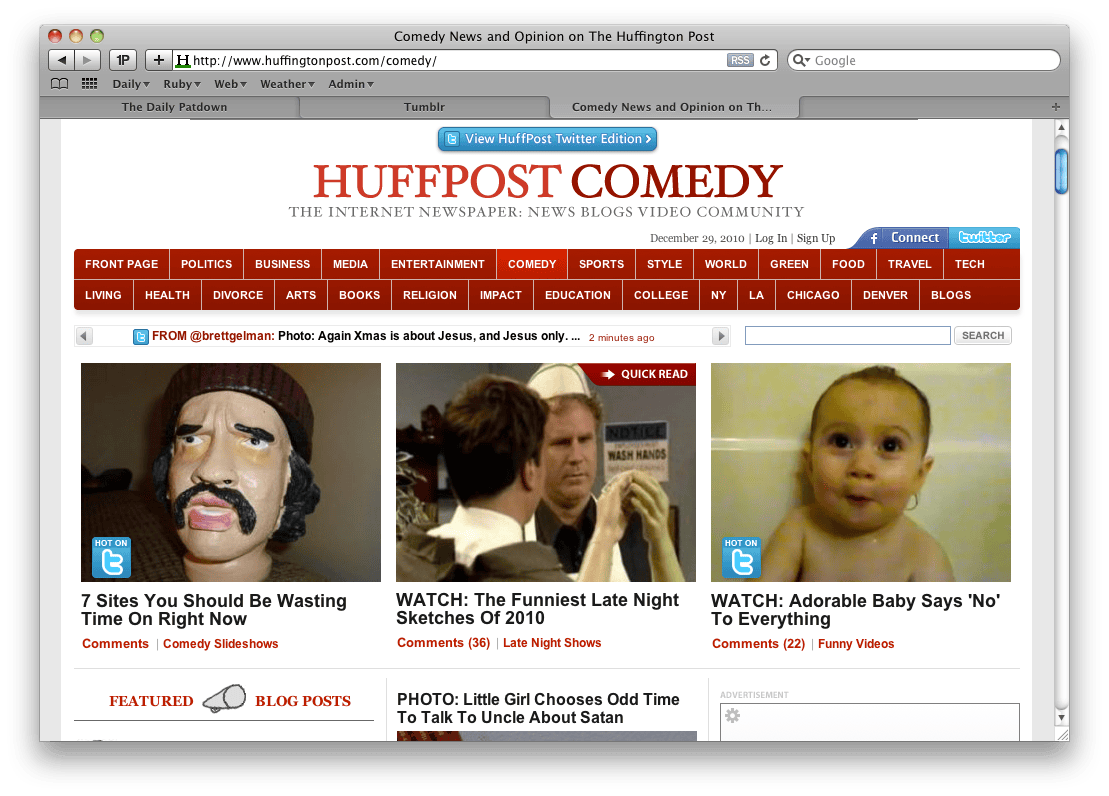 The HuffPost Comedy front page on December 29, 2010, leading with “7 Sites You Should Be Wasting Time On Right Now”
