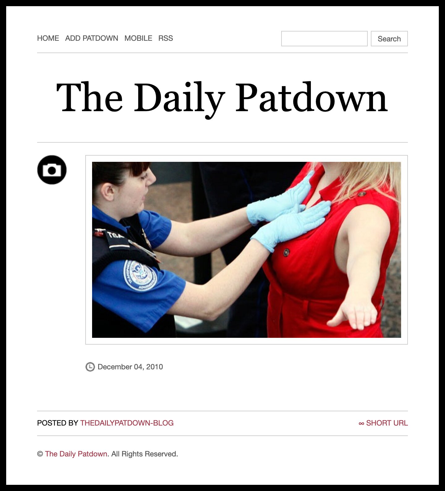 A Daily Patdown post, with a photo of a TSA agent in blue gloves patting down a woman in a red dress