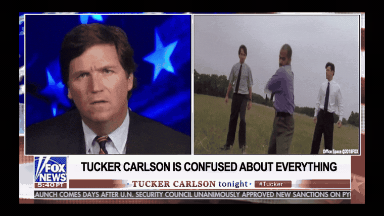 Tucker Carlson looking puzzled next to the Office Space scene where the guys smash a printer in a field