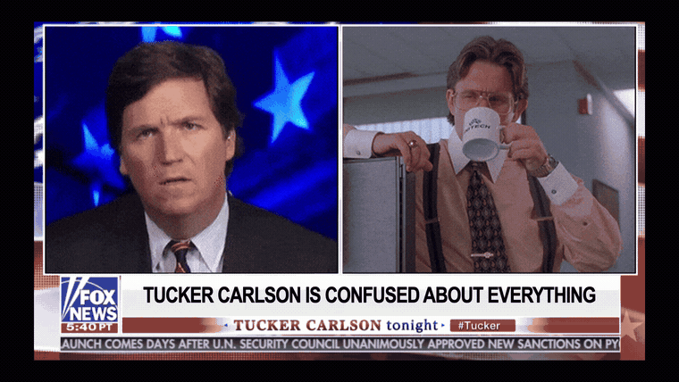 Tucker Carlson looking puzzled next to Bill Lumbergh from Office Space, sipping coffee over a cubicle wall