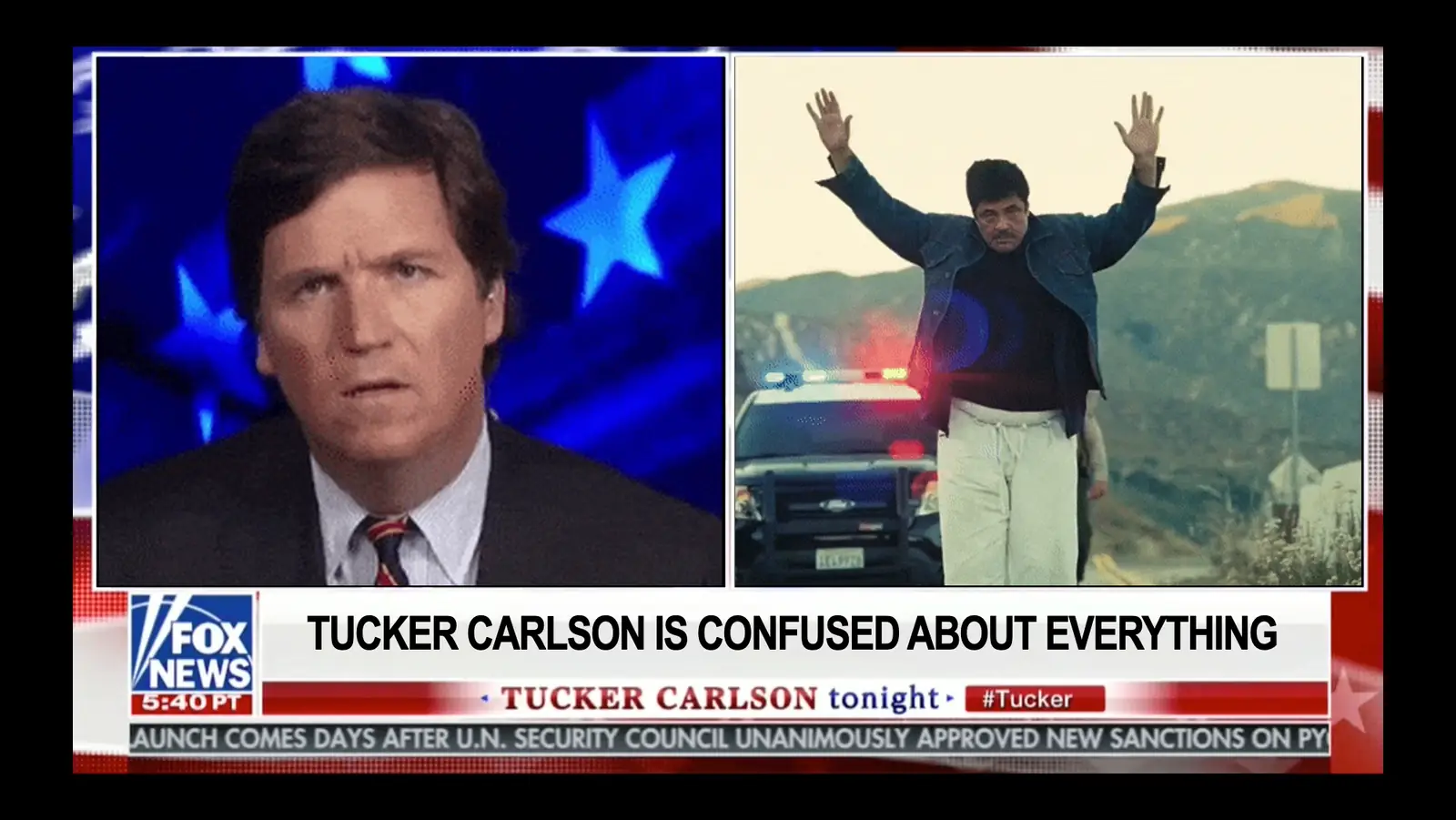 A mock Fox News split screen, with a baffled Tucker Carlson on the left and a random GIF on the right